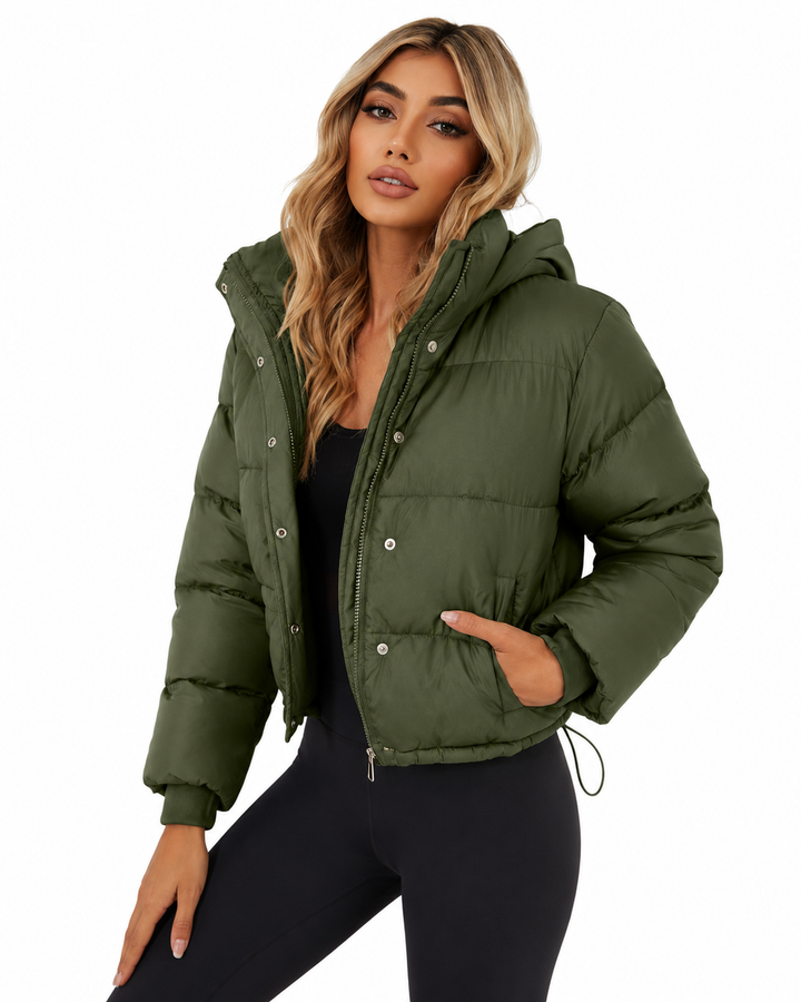 Women's Cropped Hooded Puffer Jacket with Zip Closure – Quilted Insulated Design for Winter Warmth 3
