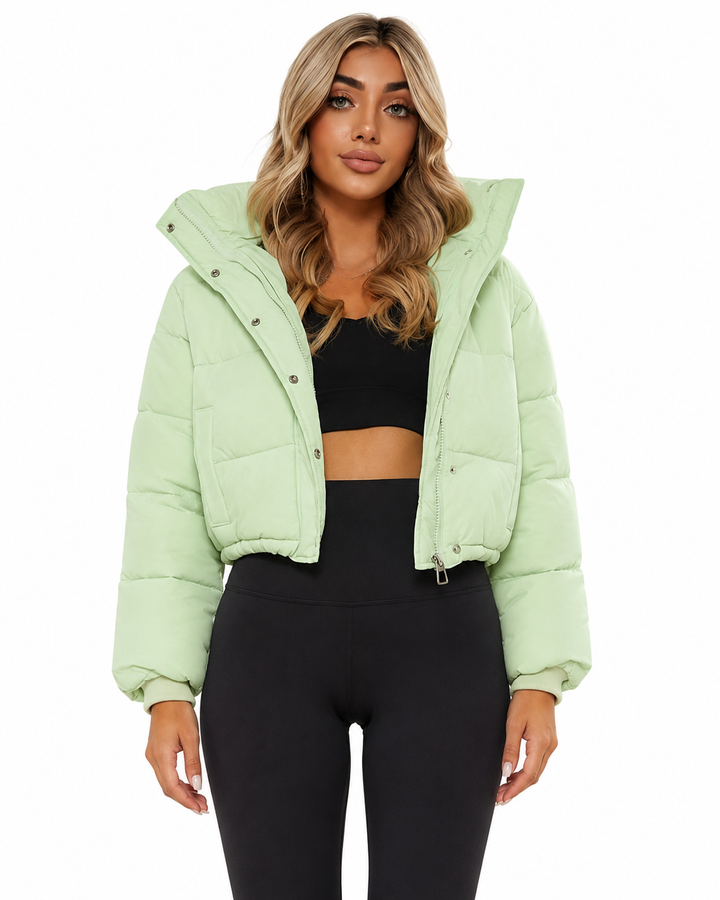Women's Cropped Hooded Puffer Jacket with Zip Closure – Quilted Insulated Design for Winter Warmth 4