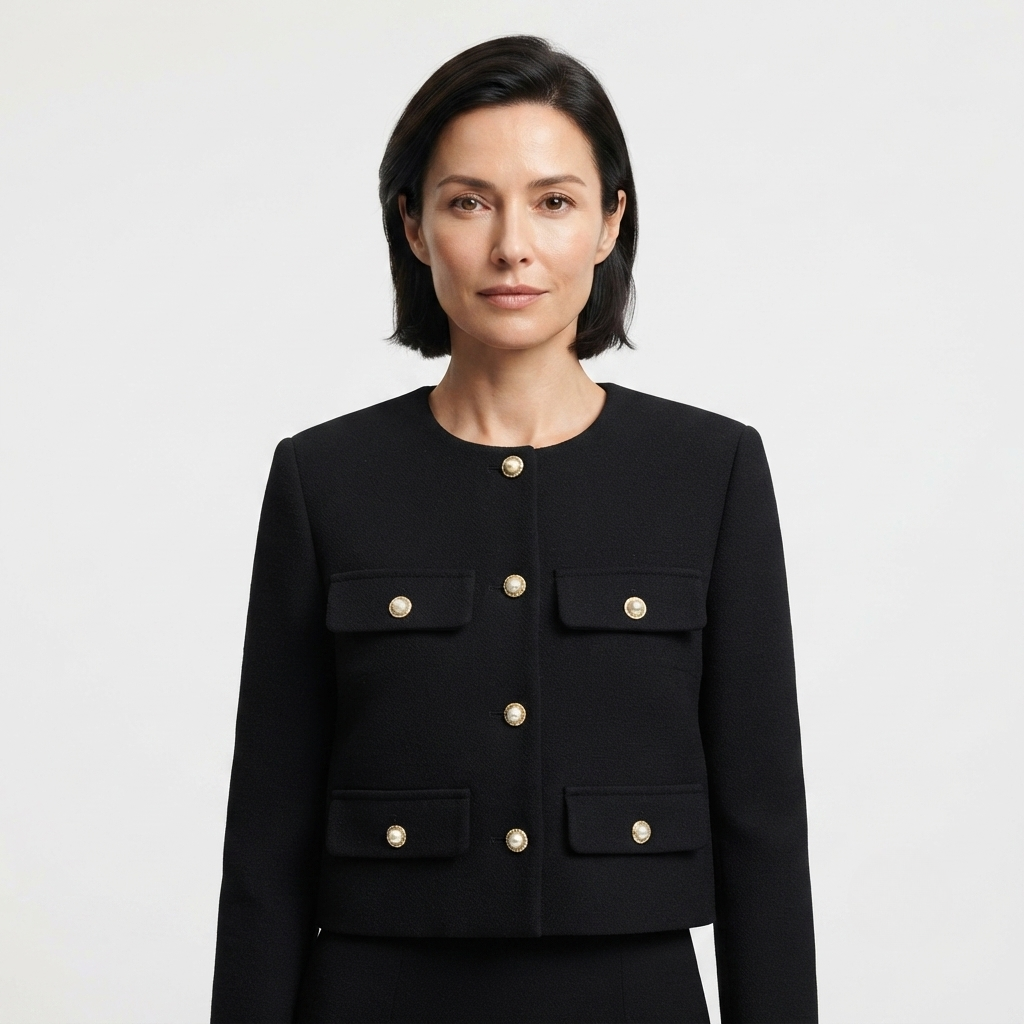 Women's cropped jacket featuring a tailored cream design, structured fit, and elegant gold button closure, perfect for stylish layering. 0