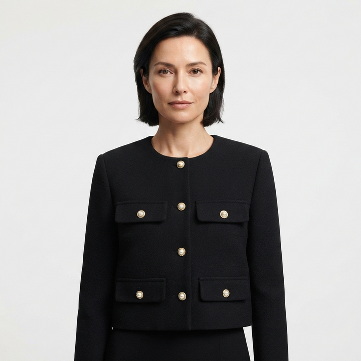 Women's cropped jacket featuring a tailored cream design, structured fit, and elegant gold button closure, perfect for stylish layering. 0