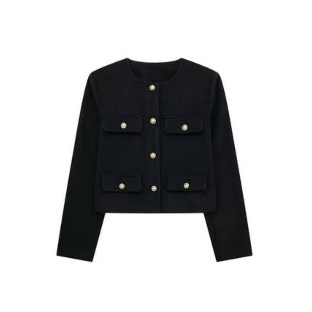 Women's cropped jacket featuring a tailored cream design, structured fit, and elegant gold button closure, perfect for stylish layering. 1