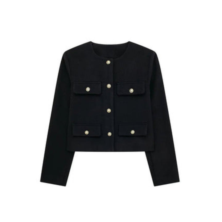 Women's cropped jacket featuring a tailored cream design, structured fit, and elegant gold button closure, perfect for stylish layering. 1
