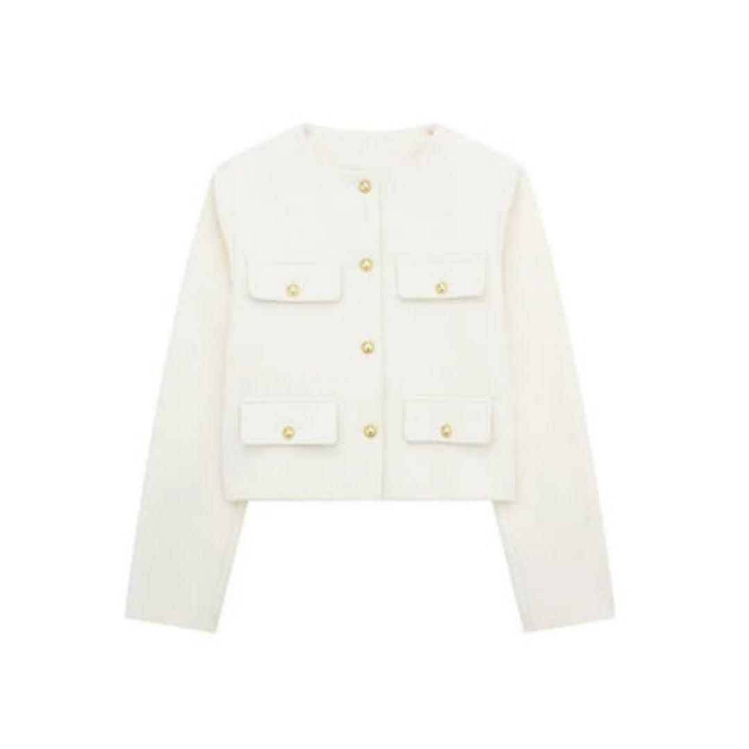 Women's cropped jacket featuring a tailored cream design, structured fit, and elegant gold button closure, perfect for stylish layering. 3
