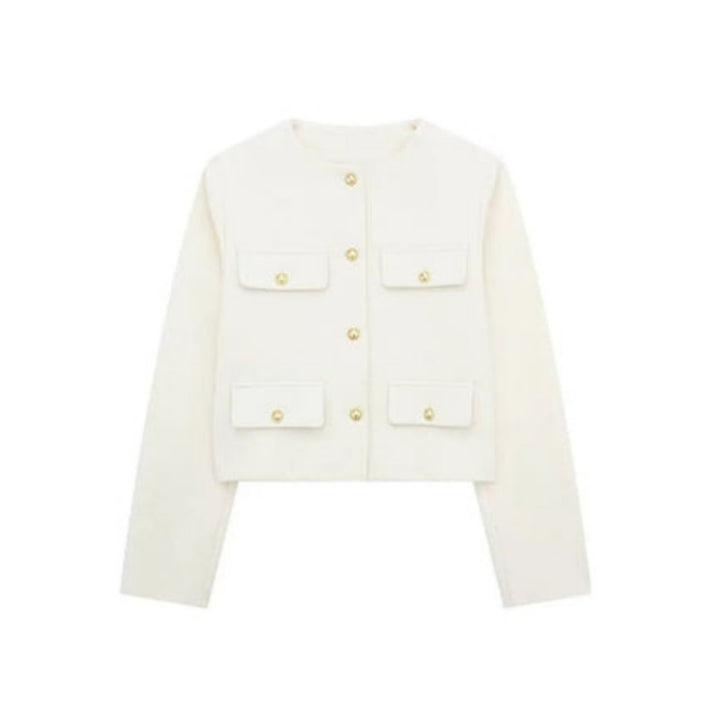Women's cropped jacket featuring a tailored cream design, structured fit, and elegant gold button closure, perfect for stylish layering. 3