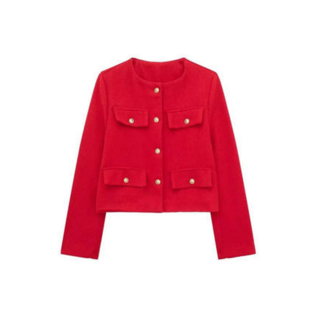 Women's cropped jacket featuring a tailored cream design, structured fit, and elegant gold button closure, perfect for stylish layering. 4