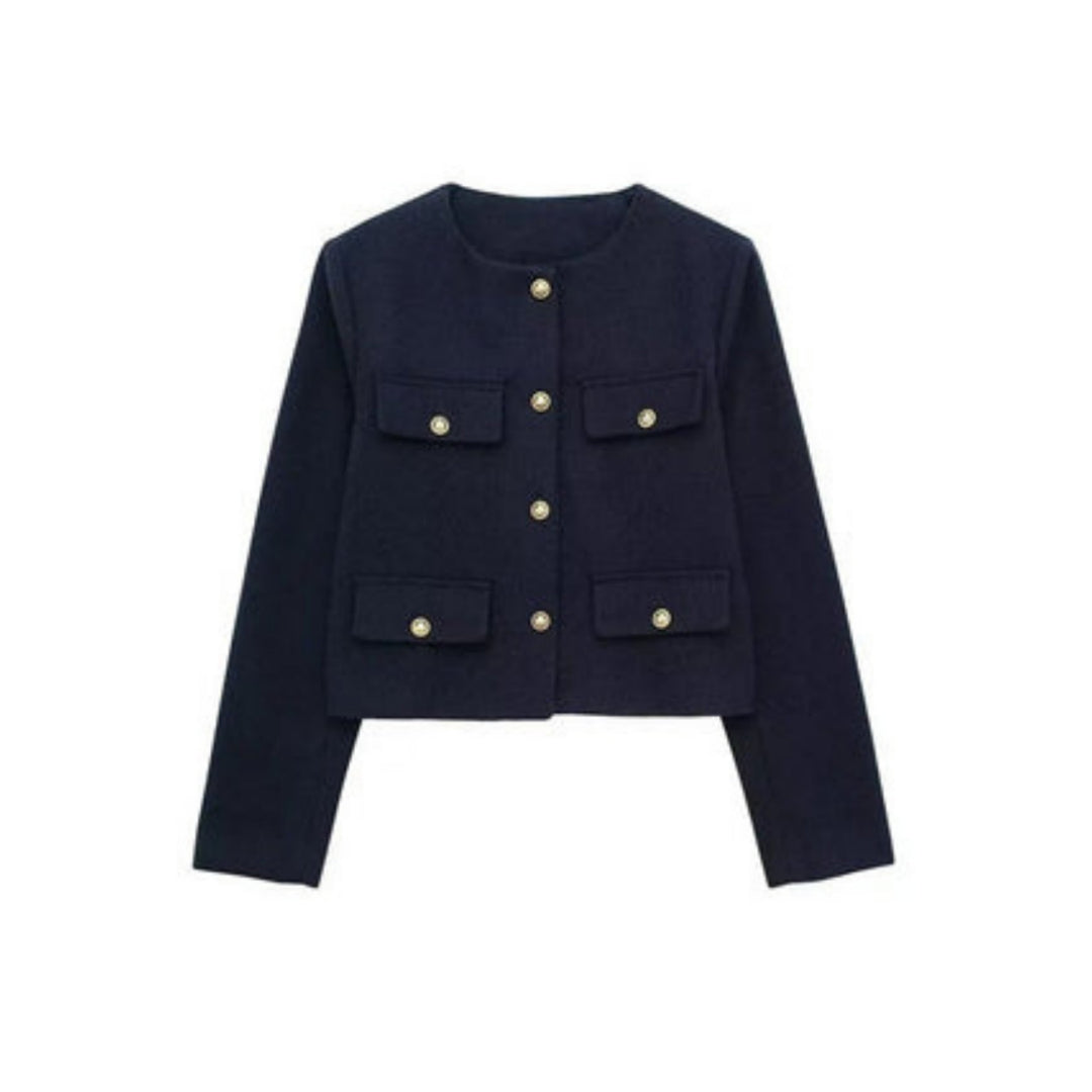 Women's cropped jacket featuring a tailored cream design, structured fit, and elegant gold button closure, perfect for stylish layering. 5