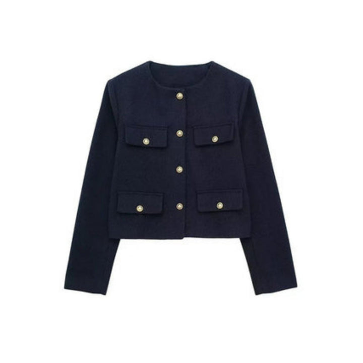 Women's cropped jacket featuring a tailored cream design, structured fit, and elegant gold button closure, perfect for stylish layering. 5