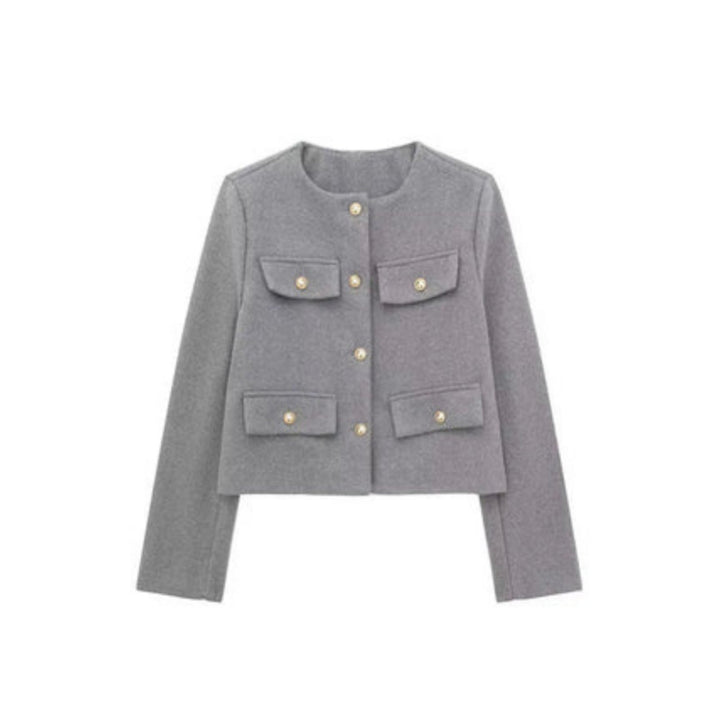 Women's cropped jacket featuring a tailored cream design, structured fit, and elegant gold button closure, perfect for stylish layering. 6