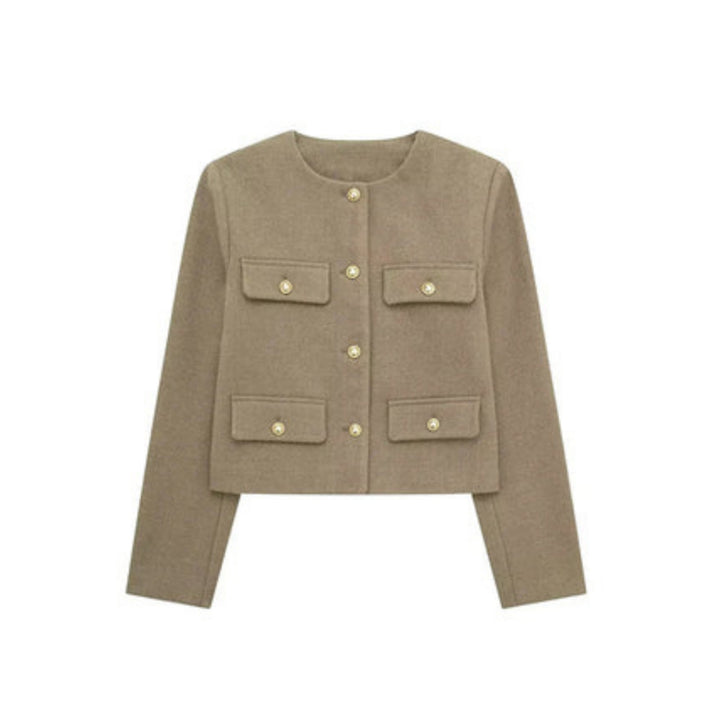Women's cropped jacket featuring a tailored cream design, structured fit, and elegant gold button closure, perfect for stylish layering. 7