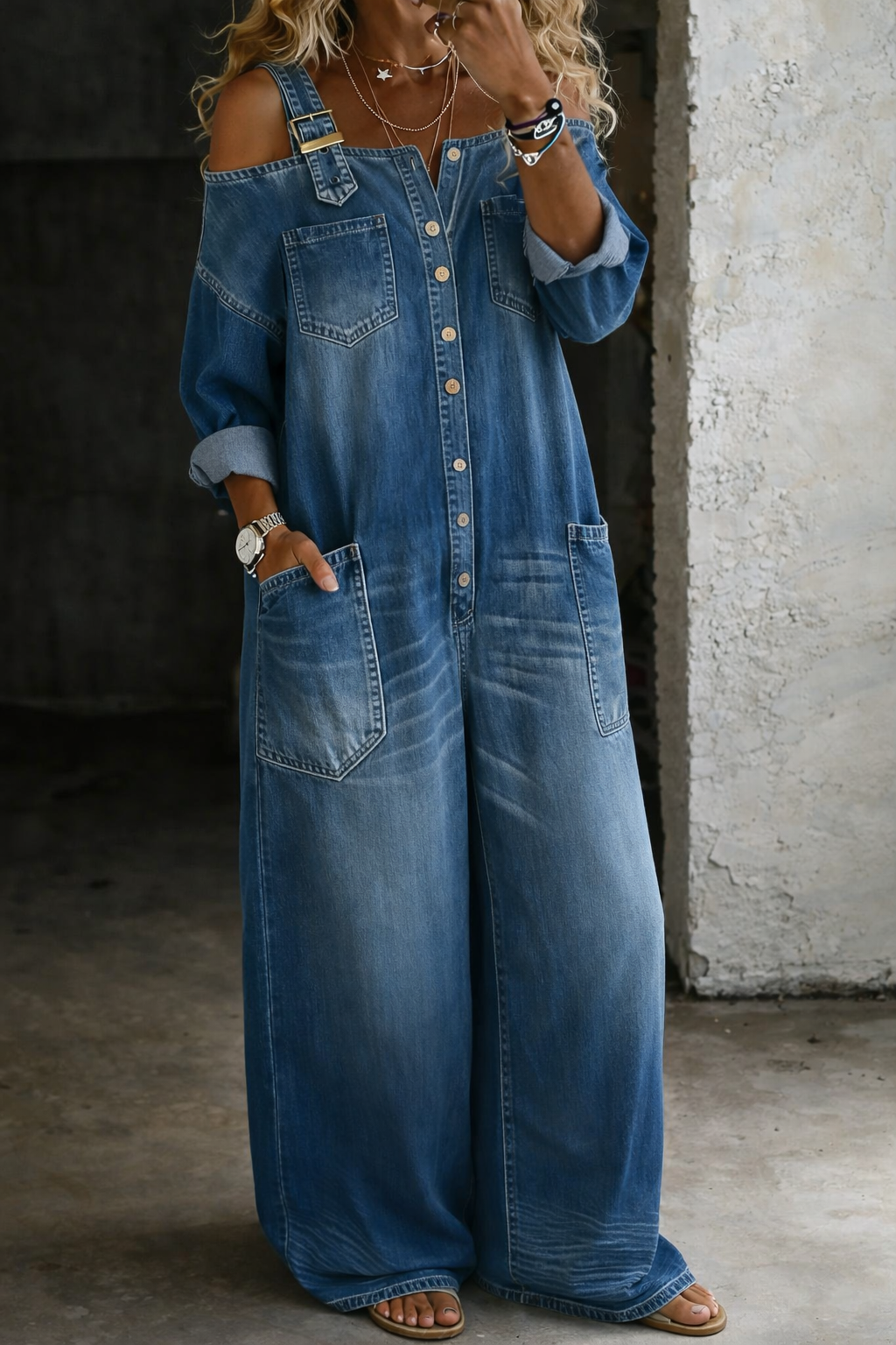 Women's Denim Jumpsuit in Blue, Off Shoulder and Sleeveless, featuring Side Pockets for Casual Style 0