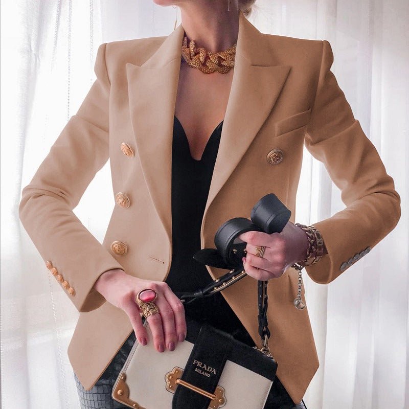 Women's double-breasted blazer featuring gold buttons and a structured fit, available in black and white options, perfect for professional or casual wear. 6