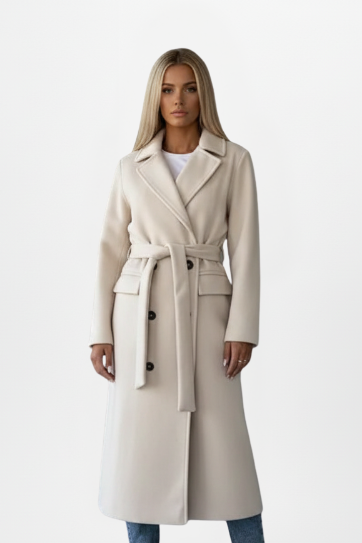 Women's Double-Breasted Long Coat with Adjustable Waist Belt – Polyester Wool-Blend for Winter Elegance 0