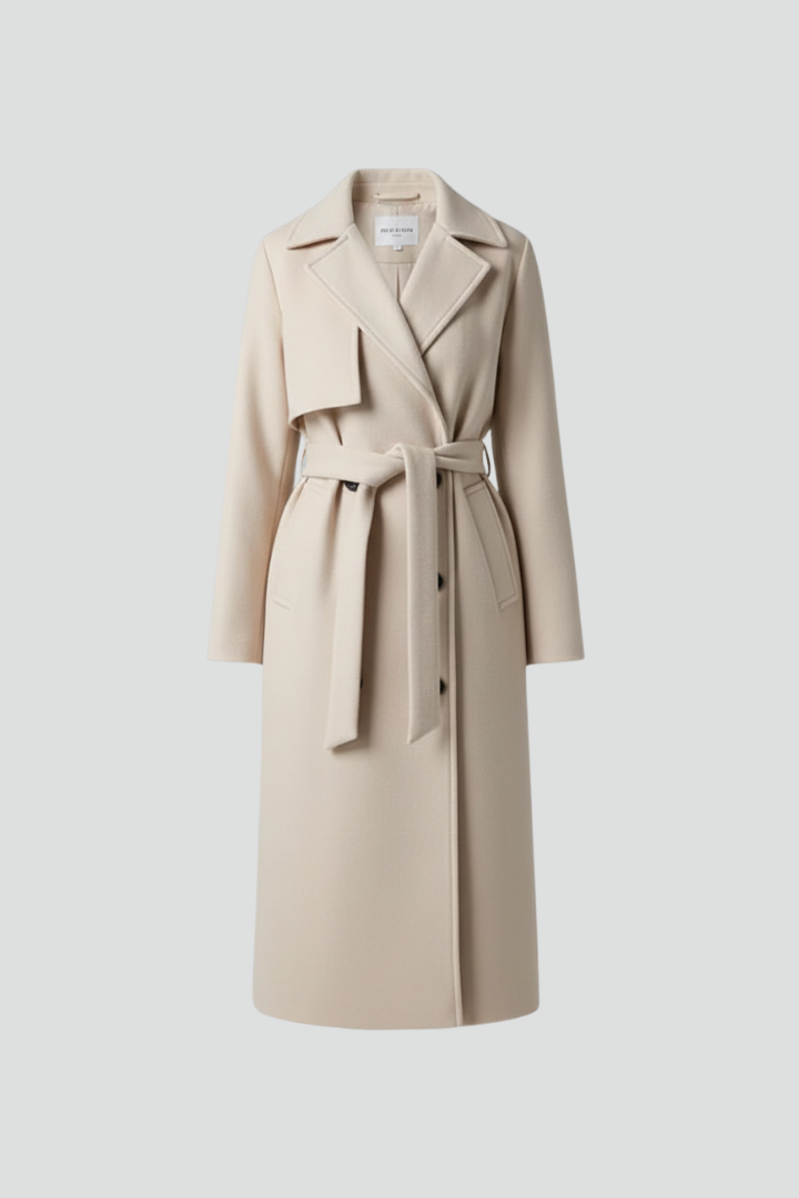 Women's Double-Breasted Long Coat with Adjustable Waist Belt – Polyester Wool-Blend for Winter Elegance 1