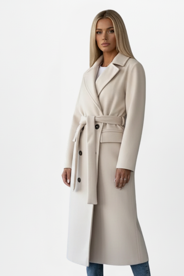 Women's Double-Breasted Long Coat with Adjustable Waist Belt – Polyester Wool-Blend for Winter Elegance 2