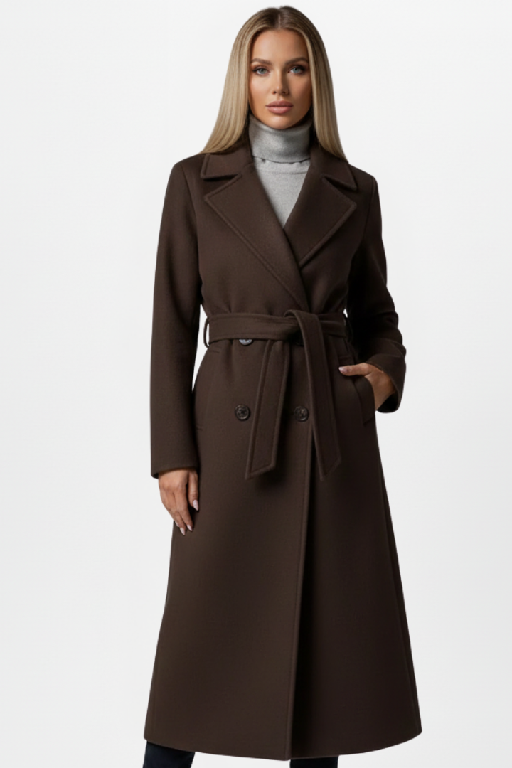 Women's Double-Breasted Long Coat with Adjustable Waist Belt – Polyester Wool-Blend for Winter Elegance 5