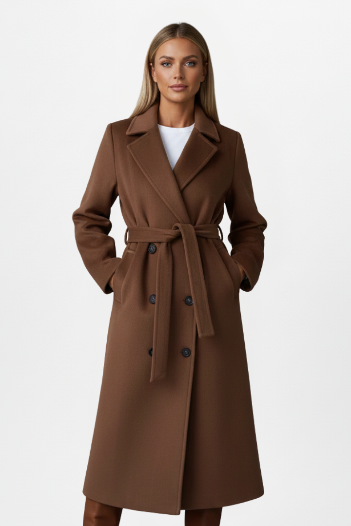 Women's Double-Breasted Long Coat with Adjustable Waist Belt – Polyester Wool-Blend for Winter Elegance 6