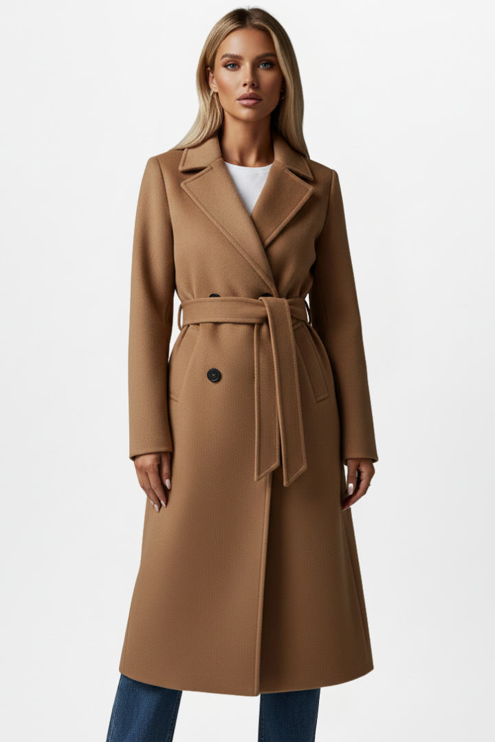 Women's Double-Breasted Long Coat with Adjustable Waist Belt – Polyester Wool-Blend for Winter Elegance 8