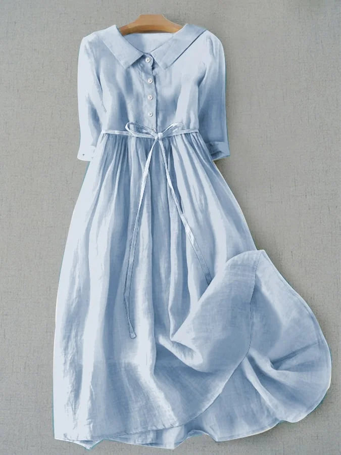 Women's Dress with Lace-Up Waist Design and Half Sleeves – Cotton Linen Blend Summer Dress for Effortless Elegance 0
