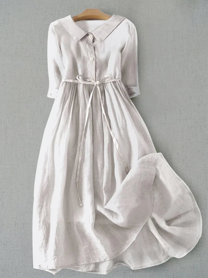 Women's Dress with Lace-Up Waist Design and Half Sleeves – Cotton Linen Blend Summer Dress for Effortless Elegance 1