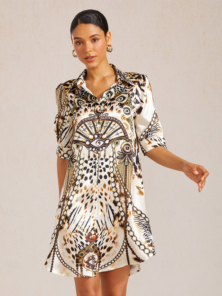 Women's vintage satin shirt dress with leopard print and relaxed fit, perfect for summer outings. 0