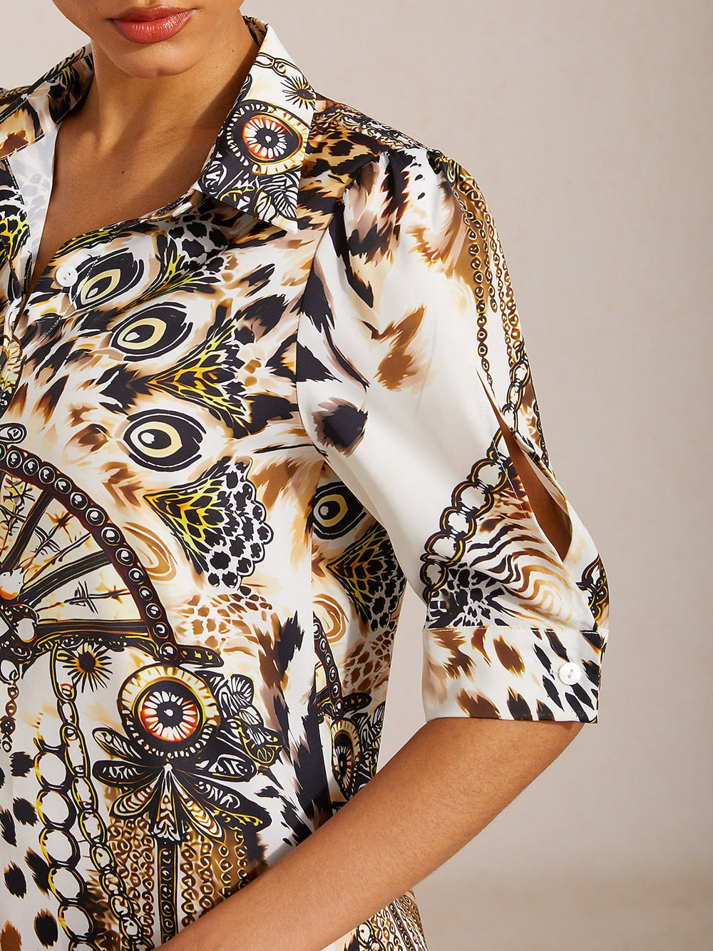 Women's vintage satin shirt dress with leopard print and relaxed fit, perfect for summer outings. 1