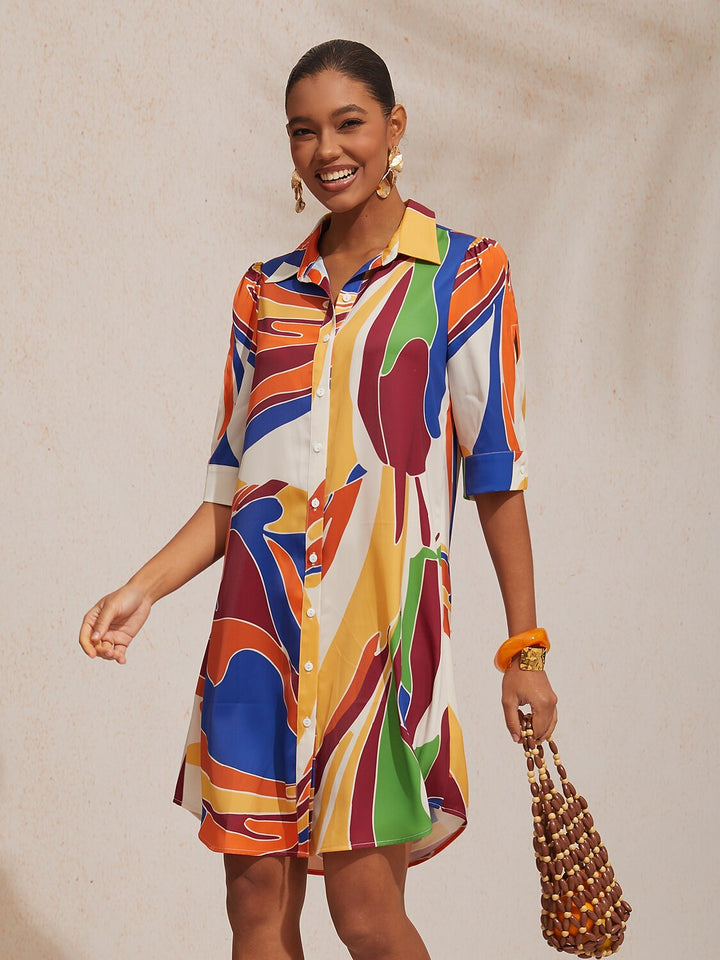 Women's vintage satin shirt dress with leopard print and relaxed fit, perfect for summer outings. 11