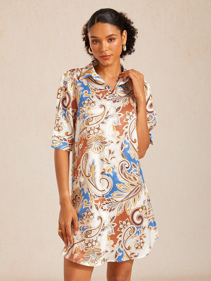 Women's vintage satin shirt dress with leopard print and relaxed fit, perfect for summer outings. 14