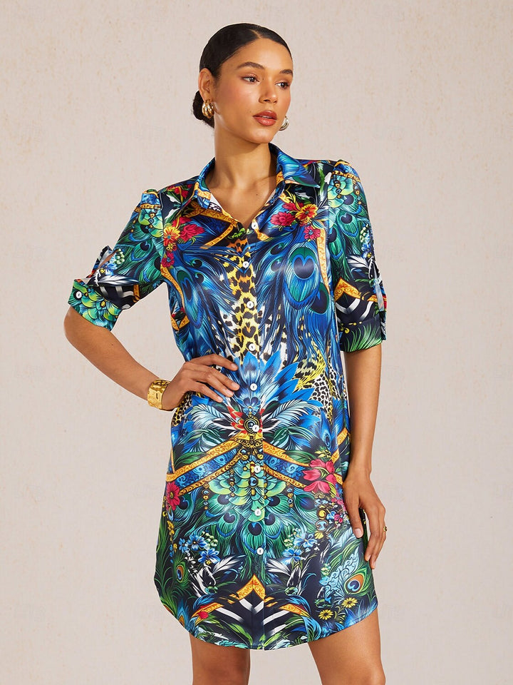 Women's vintage satin shirt dress with leopard print and relaxed fit, perfect for summer outings. 5