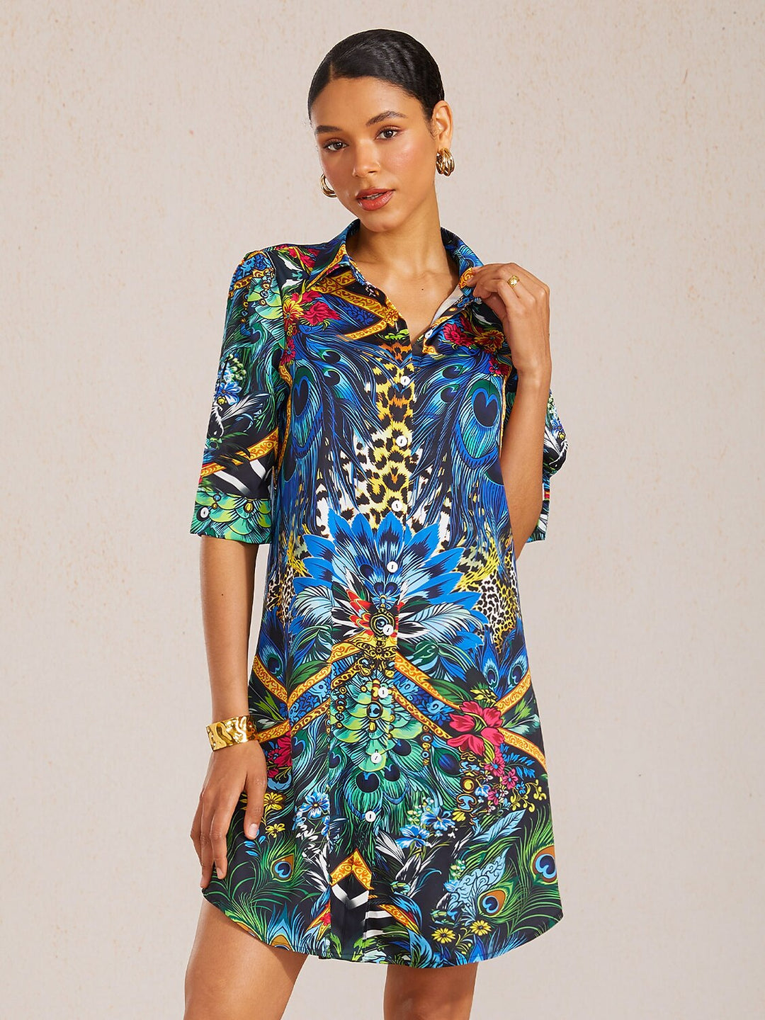 Women's vintage satin shirt dress with leopard print and relaxed fit, perfect for summer outings. 7