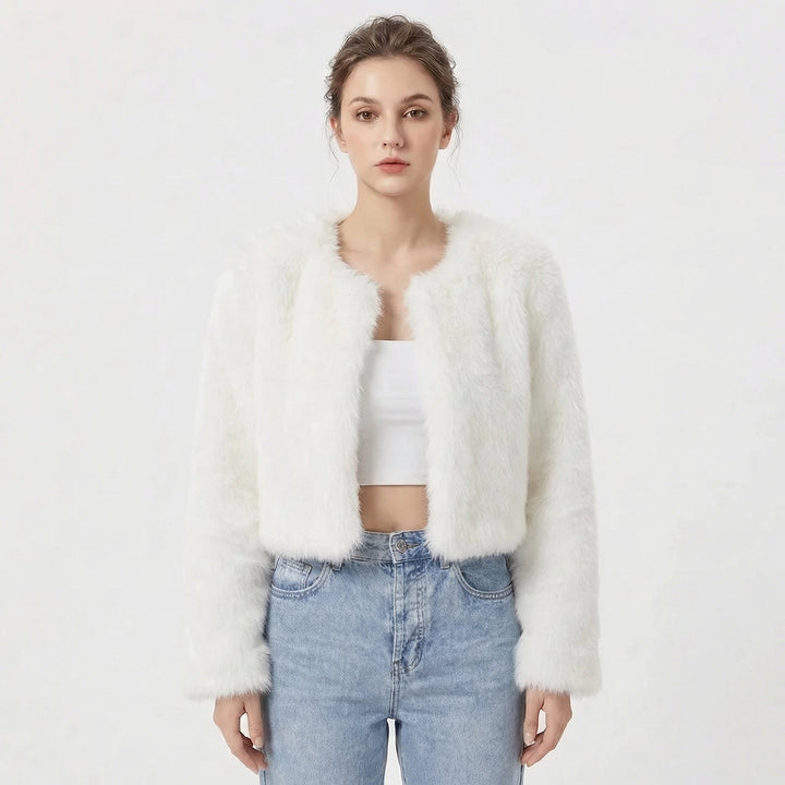Women's Faux Fur Jacket with Cropped Silhouette – Soft Lightweight Winter Layer – Elegant Evening Wear 0