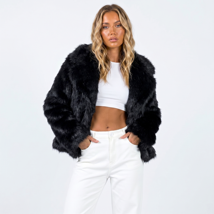 Women's faux fur jacket featuring an oversized collar, designed with a relaxed cropped fit in a stylish neutral tone, perfect for layering and adding warmth to any outfit 3