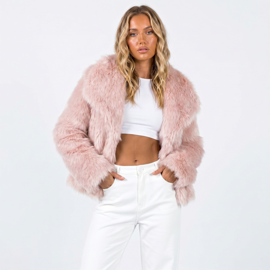 Women's faux fur jacket featuring an oversized collar, designed with a relaxed cropped fit in a stylish neutral tone, perfect for layering and adding warmth to any outfit 5