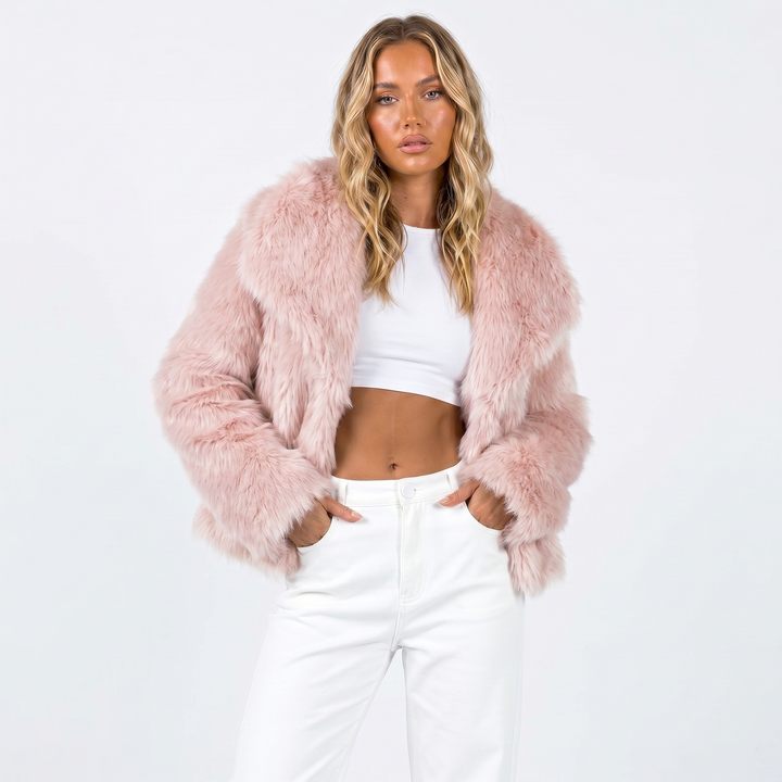 Women's faux fur jacket featuring an oversized collar, designed with a relaxed cropped fit in a stylish neutral tone, perfect for layering and adding warmth to any outfit 5