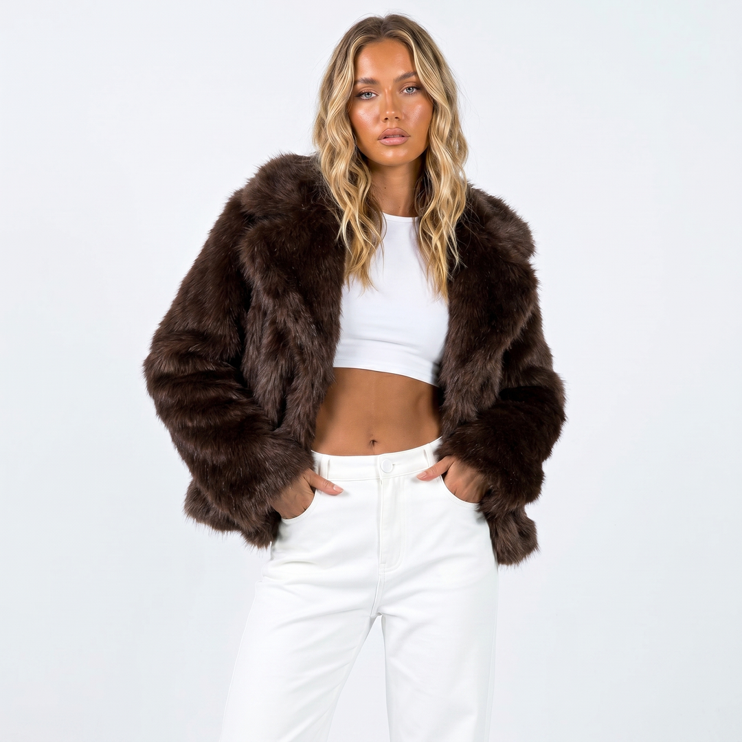 Women's faux fur jacket featuring an oversized collar, designed with a relaxed cropped fit in a stylish neutral tone, perfect for layering and adding warmth to any outfit 6