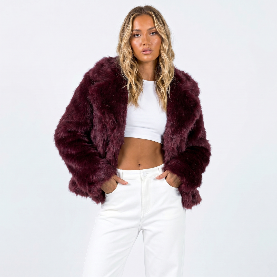Women's faux fur jacket featuring an oversized collar, designed with a relaxed cropped fit in a stylish neutral tone, perfect for layering and adding warmth to any outfit 7