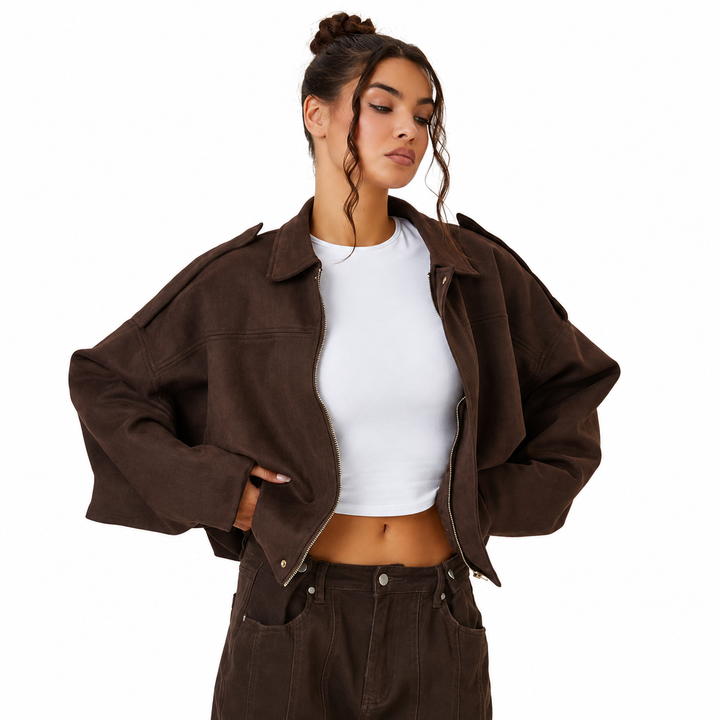 Women's Faux Suede Bomber Jacket with Pronounced Shoulders – Casual Short Cut – Vintage-Inspired Design 0