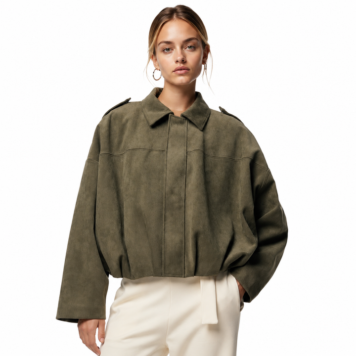 Women's Faux Suede Bomber Jacket with Pronounced Shoulders – Casual Short Cut – Vintage-Inspired Design 1