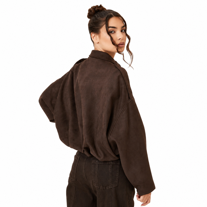 Women's Faux Suede Bomber Jacket with Pronounced Shoulders – Casual Short Cut – Vintage-Inspired Design 2