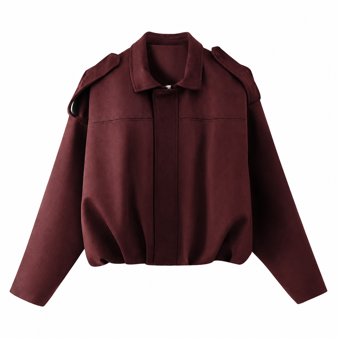 Women's Faux Suede Bomber Jacket with Pronounced Shoulders – Casual Short Cut – Vintage-Inspired Design 3