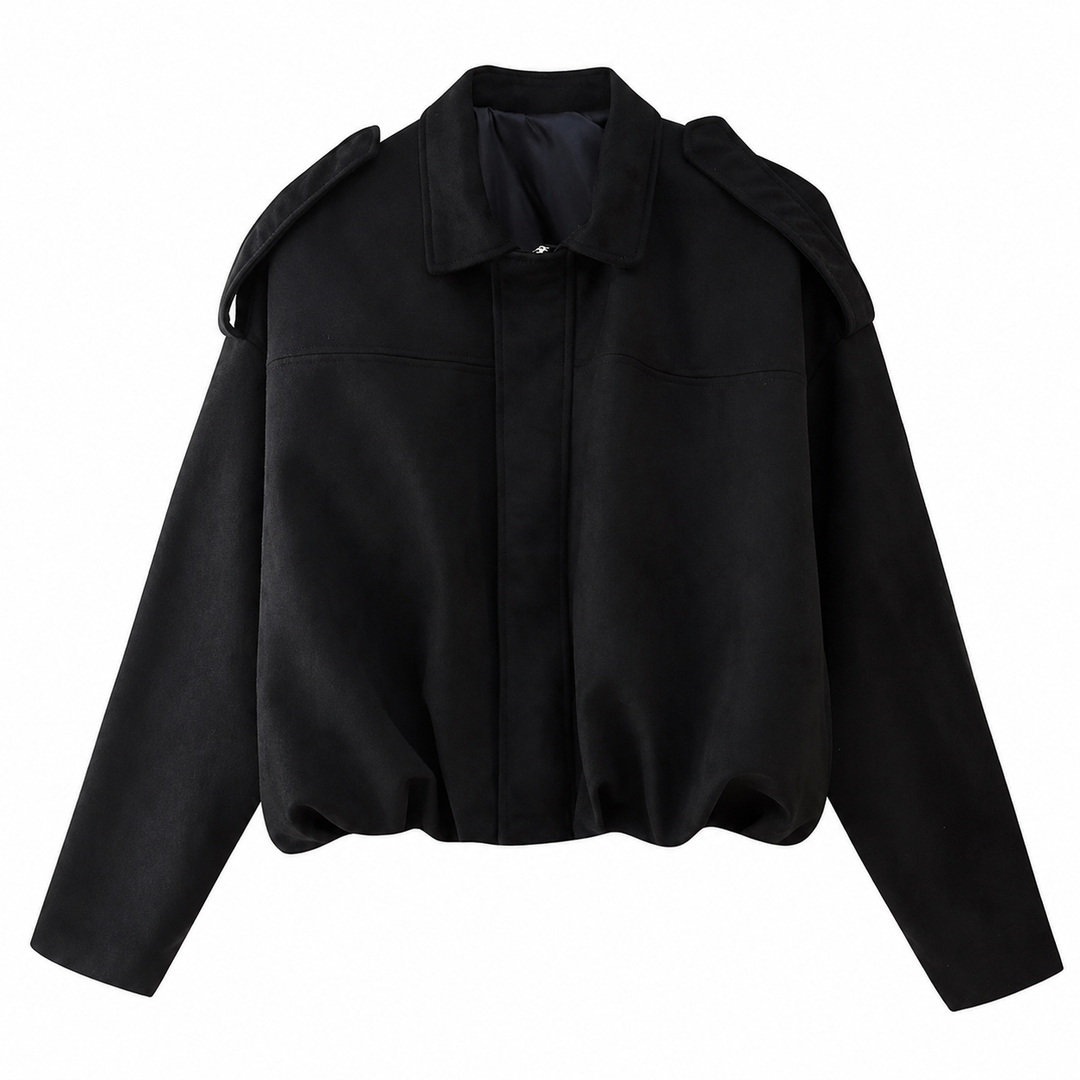 Women's Faux Suede Bomber Jacket with Pronounced Shoulders – Casual Short Cut – Vintage-Inspired Design 4