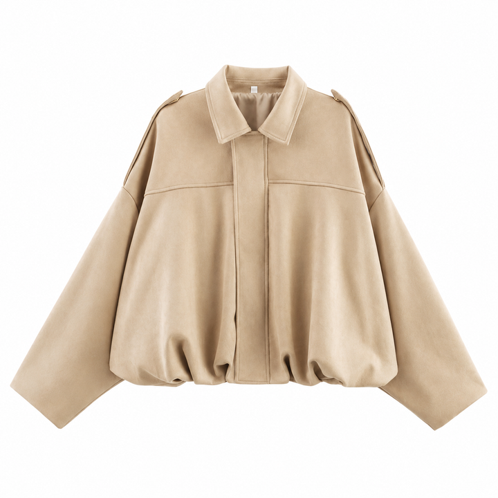 Women's Faux Suede Bomber Jacket with Pronounced Shoulders – Casual Short Cut – Vintage-Inspired Design 5