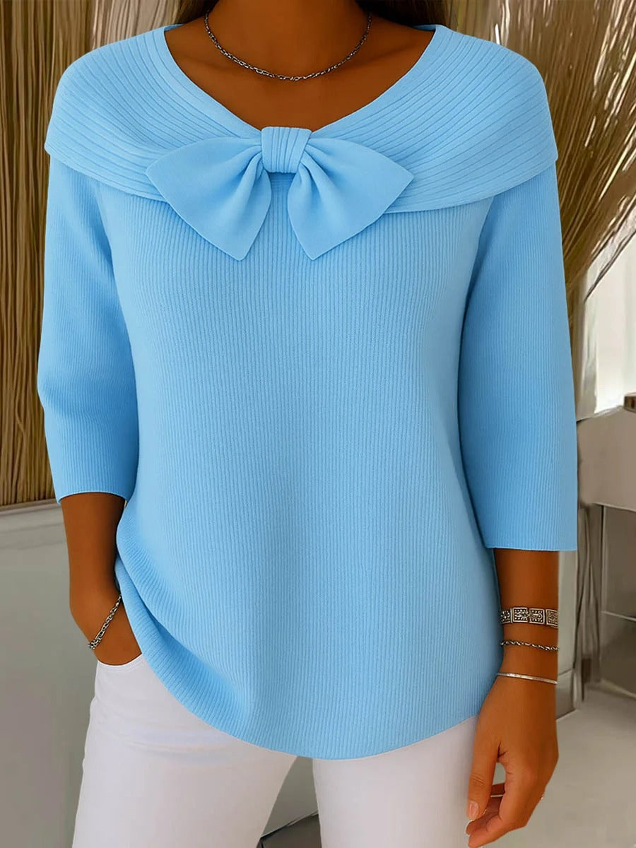 Women's Fitted Sweater with Bow Detail - Cozy Minimalist Design - Soft Fabric - Elegant Autumn Style 0