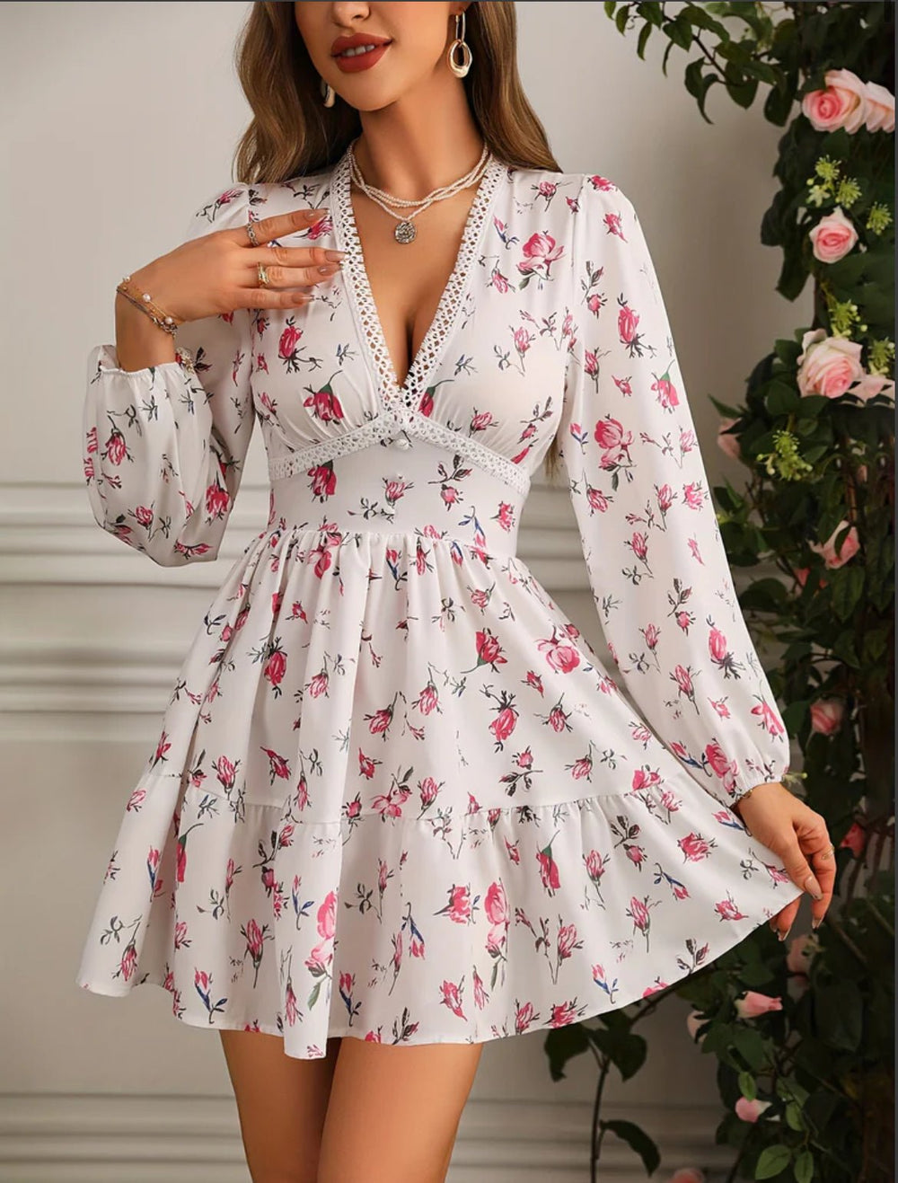 Women's floral mini dress featuring balloon sleeves and a crochet lace V-neck, perfect for summer outings and warm weather occasions. 1