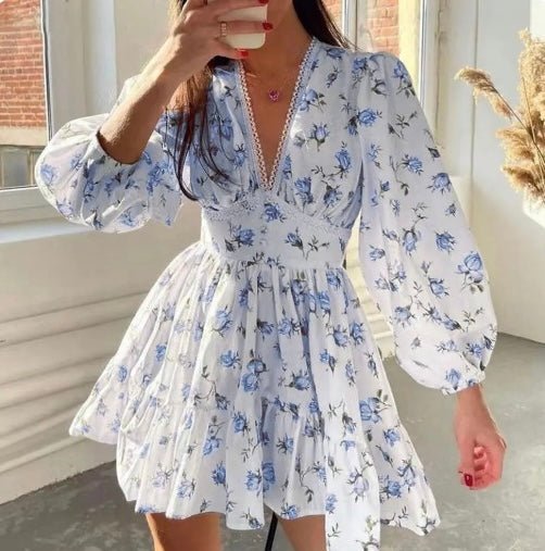 Women's floral mini dress featuring balloon sleeves and a crochet lace V-neck, perfect for summer outings and warm weather occasions. 4