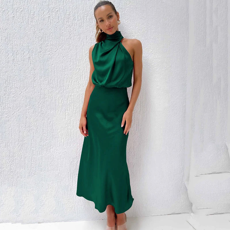 Women's halter evening dress featuring a flowing silhouette, perfect for summer cocktail parties and formal events. 13