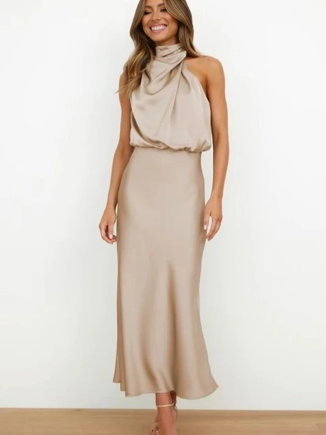 Women's halter evening dress featuring a flowing silhouette, perfect for summer cocktail parties and formal events. 3