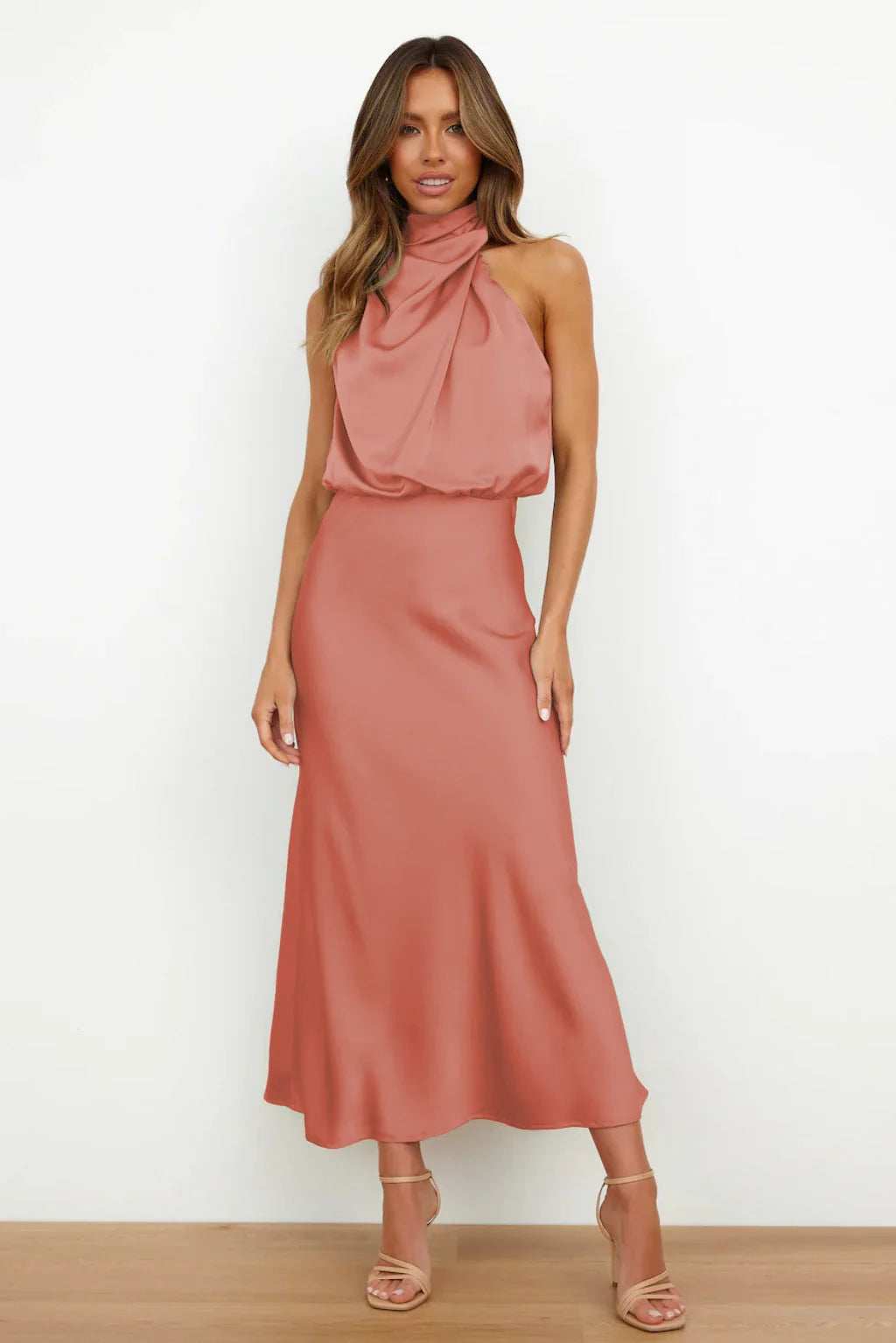 Women's halter evening dress featuring a flowing silhouette, perfect for summer cocktail parties and formal events. 5