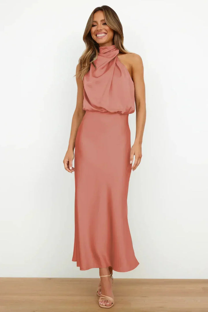 Women's halter evening dress featuring a flowing silhouette, perfect for summer cocktail parties and formal events. 6