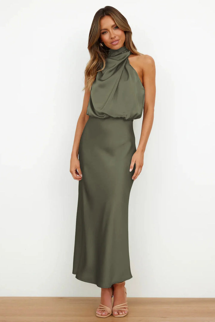 Women's halter evening dress featuring a flowing silhouette, perfect for summer cocktail parties and formal events. 7