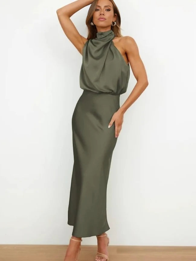 Women's halter evening dress featuring a flowing silhouette, perfect for summer cocktail parties and formal events. 8